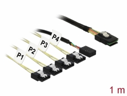 83319 Delock Cablu cu conector Mini SAS SFF-8087 > 4 porturi SATA cu 7 pini, derivaţie inversă + bandă de frecvenţe laterale, de 1 m