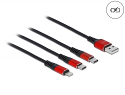 86708 Delock 30 cm hosszú, USB töltő kábel 3 az 1 A-típusú apa Lightning™-, ès 2 x USB Type-C™ csatlakozáshoz fekete / piros