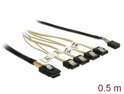 85674 Delock Cablu cu conector Mini SAS SFF-8087 > 4 porturi SATA cu 7 pini + bandă de frecvenţe laterale, de 0,5 m metal