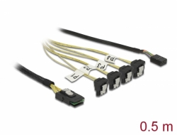 85683 Delock Kabel Mini SAS SFF-8087 > 4 x SATA 7 pin samice 90° pravoúhlý + Sideband 0,5 m