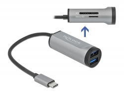64115 Delock 2 portos, USB 3.2 Gen 1 elosztó USB Type-C™ kapcsolattal és SD + Micro SD Slottal