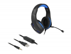 27182 Delock Gaming Headset Over-Ear mit 3,5 mm Klinkenstecker und blauem LED Licht für PC, Notebook und Spielekonsolen