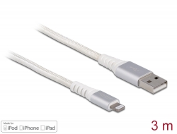 83003 Delock USB adat- és töltőkábel iPhone™, iPad™ és iPod™ DuPont™ Kevlar® készülékhez fehér 3 m