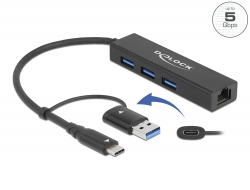 64149 Delock Hub USB 3.2 Gen 1 a 3 porte + Gigabit LAN con connettore USB Type-C™ o USB Tipo-A 