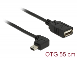 83355 Delock Cablu bobinat cu conector tată USB 2.0 Tip mini-B la un unghi de 90° > conector mamă USB 2.0 Tip-A OTG, de 55 cm