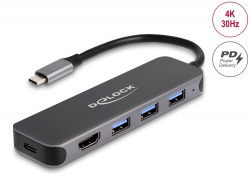 64171 Delock Hub USB a 3 porte e uscita HDMI 4K con connessione USB Type-C™ e PD 85 Watt