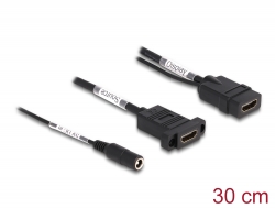 87038 Delock Cablu HDMI 4K 60 Hz cu alimentare DC 2,1 x 5,5 mm, 0,30 m, montare pe panou