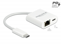 65402 Delock Adaptor USB Type-C™ la Gigabit LAN 10/100/1000 Mbps cu port Power Delivery alb