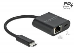 66644 Delock Adaptor USB Type-C™ la Gigabit LAN 10/100/1000 Mbps cu port Power Delivery negru