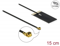12611 Delock Antena WLAN 802.11 ac/ax/a/h/b/g/n , męskie złącze I-PEX Inc., MHF® I , 2,7 - 3,0 dBi, płytka drukowana FPC, 1.13 15 cm, wewnętrzna, samoprzylepna