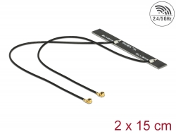 88983 Delock Antenă cu bandă dublă WLAN WiFi 6 cu antenă dublă I-PEX Inc., MHF® I tată, 5 dBi, 2 x 15 cm, PCB, auto-adeziv intern