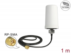 88985 Delock Antena WLAN 802.11 ac/a/h/b/g/n RP-SMA macho de 1,4 - 3 dBi omnidireccional con cable de conexión (ULA 100, 1 m) blanca para exteriores