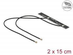 89454 Delock Antena podwójna WLAN WiFi 6 Dual Band, 2 x męskie złącze I-PEX Inc., MHF® 4L, 5 dBi, płytka drukowana PCB, 2 x 15 cm, wewnętrzna, samoprzylepna