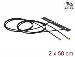 89933 Delock Antena podwójna WLAN WiFi 6 Dual Band, 2 x męskie złącze I-PEX Inc., MHF® 4L, 3 - 5 dBi, płytka drukowana PCB, 1.13 2 x 50 cm, wewnętrzna, samoprzylepna