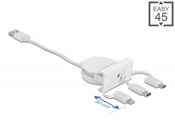 81375 Delock Easy 45 modulos USB 2.0 3 az 1-ben behúzható kábel, A-típusú USB - USB-C™, Micro USB és lightning csatlakozókkal, fehér