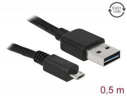 85156 Delock Cablu cu conector tată EASY-USB 2.0 Tip-A > conector tată USB 2.0 Tip Micro-B, de 50 cm, negru 