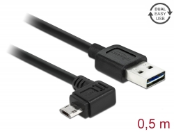 83847 Delock Cablu cu conector tată EASY-USB 2.0 Tip-A > conector tată EASY-USB 2.0 Tip Micro-B, în unghi spre stânga / dreapta, 0,5 m, negru