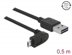 83849 Delock Kábel, EASY-USB 2.0-s A-típusú csatlakozódugó > EASY-USB 2.0-s Micro-B típusú csatlakozódugó, ívelt felfelé / lefelé, 0,5 m, fekete