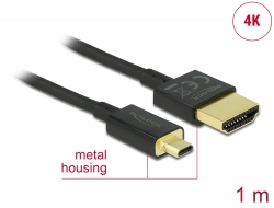 84781 Delock Przewód High Speed HDMI z siecią Ethernet - HDMI-A, męskie > HDMI Micro-D, męskie, 3D 4K, o długości 1 m, Slim High Quality
