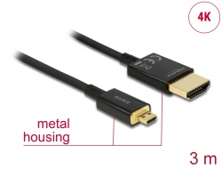 84784 Delock Nagysebességű HDMI-kábel Ethernettel - HDMI-A-csatlakozódugó > HDMI Micro-D-csatlakozódugó, 3D, 4K, 3 m, aktív, vékony, prémium minőség