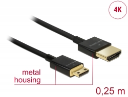 85118 Delock Nagysebességű HDMI-kábel Ethernettel - HDMI-A-csatlakozódugó > HDMI Mini-C-csatlakozódugó, 3D, 4K, 0,25 m, vékony, prémium minőség