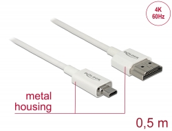 85148 Delock Nagysebességű HDMI-kábel Ethernettel - HDMI-A-csatlakozódugó > HDMI Micro-D-csatlakozódugó, 3D, 4K, 0,5 m, vékony, prémium minőség