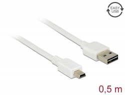 85159 Delock Cablu cu conector tată EASY-USB 2.0 Tip-A > conector tată USB 2.0 Tip Mini-B, de 0,5 m, alb