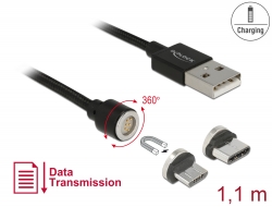 85723 Delock Mágneses USB adat- és töltőkábel készlet Micro USB vagy USB Type-C™-hez, fekete 1,1 m