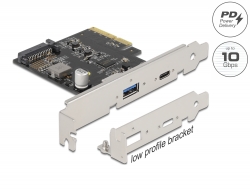 90011 Delock PCI Express x4 kártya 1 x külső USB Type-C™ aljzathoz, PD funkcióval + 1 x külső A-típusú USB aljzat anya SuperSpeed USB 10 Gbps (USB 3.2 Gen 2)