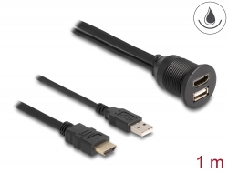 87880 Delock Cablu HDMI-A tată și USB 2.0 Tip-A tată la HDMI-A mamă și USB 2.0 Tip-A mamă pentru instalarea impermeabilă, 1 m
