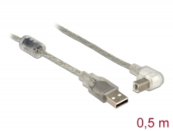 84811 Delock Kabel USB 2.0 Tipa-A muški > USB 2.0 Tipa-B muški kutni 0,5 m transparentni