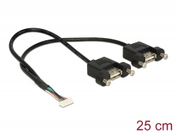 84839 Delock Cablu cu conector mamă cu pini USB 2.0 de 1,25 mm cu 8 pini > 2 x USB 2.0 Tip-A mamă cu montare pe panou de 25 cm