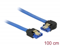 84987 Delock Cable SATA 6 Gb/s receptacle straight > SATA receptacle left angled 100 cm blue with gold clips