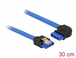 84990 Delock Cablu SATA 6 Gb/s mamă, drept > SATA mamă, în unghi dreapta, 30 cm, albastru cu cleme aurii