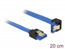 85089 Delock SATA-kábel, 6 Gb/s, hüvely, egyenes > SATA hüvely, lefelé ívelt, 20 cm, kék aranyszínű kapcsokkal