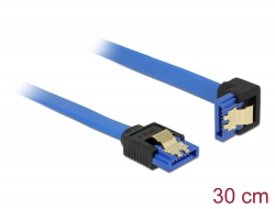 85090 Delock SATA-kábel, 6 Gb/s, hüvely, egyenes > SATA hüvely, lefelé ívelt, 30 cm, kék aranyszínű kapcsokkal