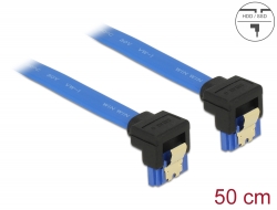 85097 Delock SATA-kábel, 6 Gb/s, hüvely, lefelé ívelt > SATA hüvely, lefelé ívelt, 50 cm, kék aranyszínű kapcsokkal
