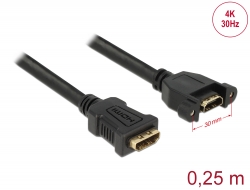 85100 Delock Kábel, HDMI-A hüvely > HDMI-A hüvely, panelrögzítés, 4K 30 Hz 0,25 m