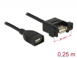 85105 Delock Kábel, USB 2.0-s A típusú csatlakozóhüvely > USB 2.0-s A-típusú csatlakozóhüvely, panelrögzítés, 0,25 m