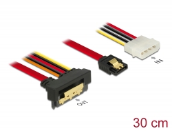 85231 Delock Kabel SATA 6 Gb/s 7 pin samice + Molex 4 pin napájecí konektor > SATA 22 pin samice pravoúhlý dolů kovový 30 cm