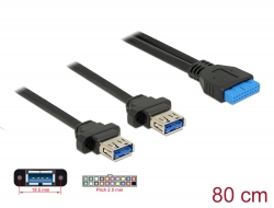 85244 Delock Kabel USB 3.0 pin konektor samice 2,00 mm 19 pin > 2 x USB 3.0 Typ-A samice panel pro montáž 80 cm