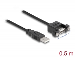 85461 Delock Kábel, USB 2.0-s A típusú bementi csatlakozós > USB 2.0-s A-típusú csatlakozóhüvely, panelrögzítés, 0,5 m