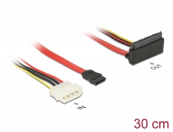 85514 Delock Kabel SATA 6 Gb/s 7 pin samice + Molex 4 pin napájecí konektor > SATA 22 pin samice pravoúhlý nahoru kovový 30 cm
