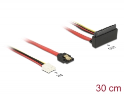 85517 Delock Kabel SATA 6 Gb/s 7 pin samice + Floppy 4 pin napájecí konektor > SATA 22 pin samice pravoúhlý nahoru kovový 30 cm
