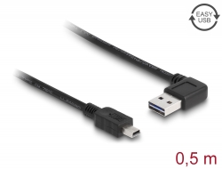 85175 Delock Kábel, EASY-USB 2.0-s A- típusú csatlakozódugó, ívelt bal / jobb ><br />USB 2.0-s Mini-B-típusú csatlakozódugó 0,5 m