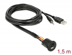 85718 Delock Cable USB Type-A male + 3.5 mm 4 pin stereo jack male > female bulkhead USB Type-A female + 3.5 mm 4 pin female (audio) 1.5 m black