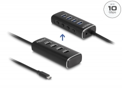64233 Delock USB 10 Gbps čvorište s 4 priključka i USB Type-C™ konektorom, 60 cm kabel i prekidač za svaki port