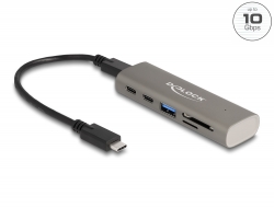 64236 Delock Hub USB 10 Gbps cu 3 porturi, inclusiv cititor de carduri SD și Micro SD cu conector USB Type-C™
