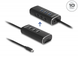 64234 Delock USB 10 Gbps čvorište s 3 priključka s SD i Micro SD čitačem kartica s USB Type-C™ priključkom, 60 cm kabel i prekidač za svaki priključak