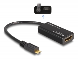 65314 Delock Adapter MHL Micro USB dugós csatlakozóval > High Speed HDMI csatlakozóhüvellyel + USB Micro-B-csatlakozóhüvely